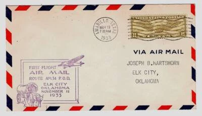 First Flight AM 34 Amarillo, Texas. To Elk City, OK. NOV 11, 1933 US # C 17 - Image 1 of 2