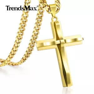 5mm 16-30'' Gold Plated Cross Pendant Necklace Stainless Steel Curb Cuban Chain - Picture 1 of 19