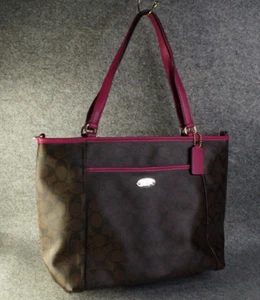 Coach F33998 Pocket Tote in Brown Signature Canvas with Pink Trim - Picture 1 of 12