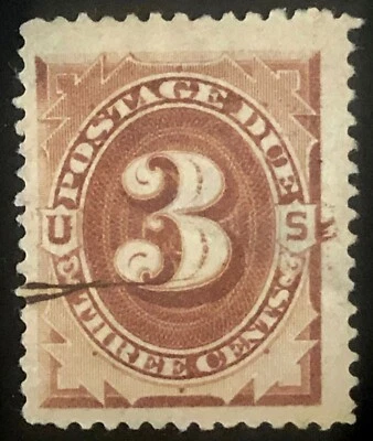 US 1879 #J3 Brown 3c Postage Due Jumbo VF-XF Thins Used - Image 1 of 3