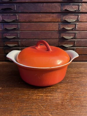 Orange Prizer Ware Cast Iron Enamel Casserole w Lid 1 Qt - Handles Vtg MCM RC 1 - Image 1 of 4