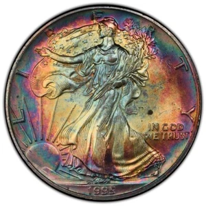 1995 American Silver Eagle PCGS MS64 Crazy Rainbow Toned Full Color Double Sided - Picture 1 of 5