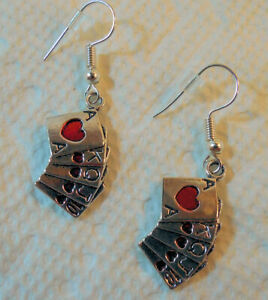Royal Flush Playing Cards Earrings Red Hearts Poker Silvertone Alice Wonderland