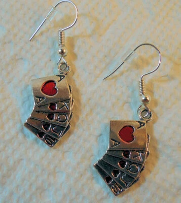Royal Flush Playing Cards Earrings Red Hearts Poker Silvertone Alice Wonderland - Image 1 of 3