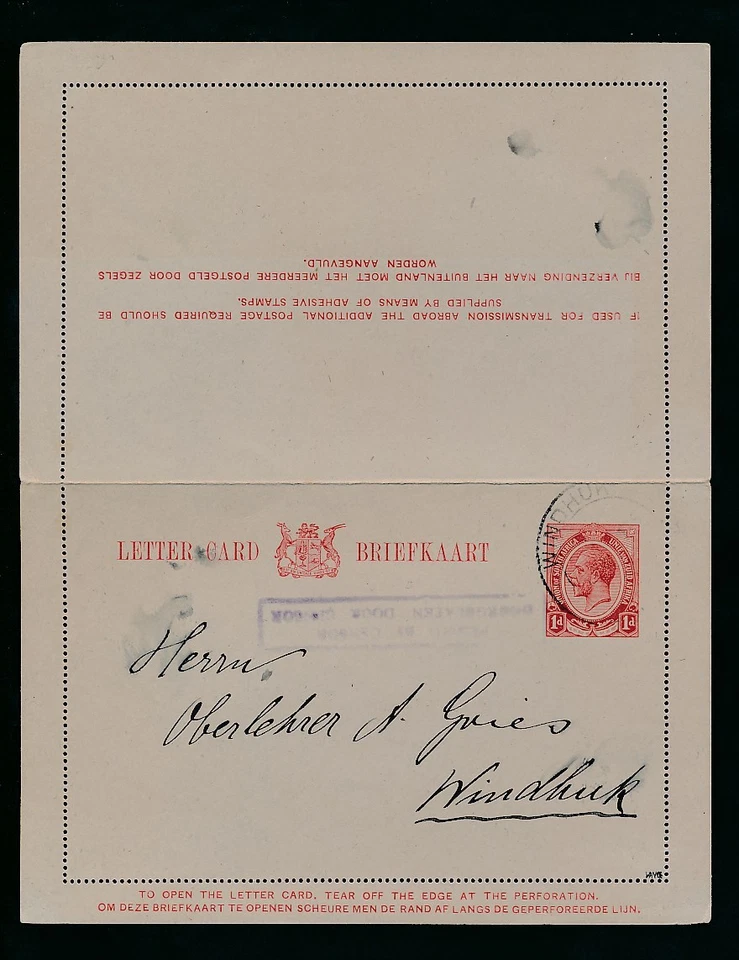 SUROESTE DE ÁFRICA 1915 SA KG5 1d TARJETA DE ESTACIONERÍA... PASADA por CENSOR Foto 1 de 1