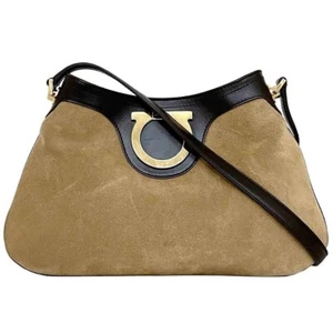 Salvatore Ferragamo Handbag Beige Brown Gold Gancini Suede Leather Vintage AB - Picture 1 of 10