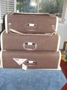 Skyway Brown Nylon Tweed 3- Piece Travel Luggage Vintage 1950s - Picture 1 of 11