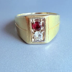 14k Gold Genuine Diamond & Ruby Men’s Vintage Retro MCM Signet Large Ring - Picture 1 of 8