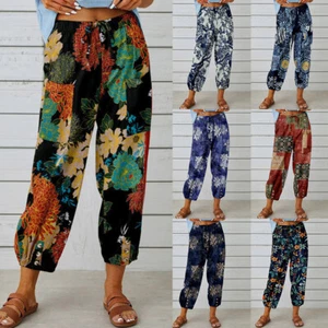 Women Cotton Linen Elastic Waist Pant Lady Floral Boho Casual Drawstring Trouser - Picture 1 of 17