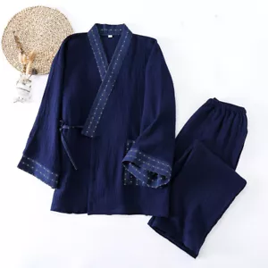 Men's Pajamas Set Cotton Sleepwear Japanese Yukata Kimono Bathrobe Robe Pants - Picture 1 of 12