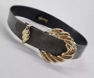 Salenas Collection Leather Belt 32 Waist Wide Lizard Print Gold Tone Buckle Gray - Picture 1 of 10