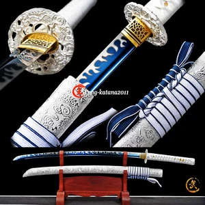 Espada Samurai Japonesa de Plata Dragón Katana Azul 1095 Acero al Carbono Listo para la Batalla - Imagen 1 de 10