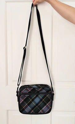 Cartera Bandolera Lands End Pequeña Azul Marino Franela a Cuadros Tartán Correa Ajustable Foto 1 de 4