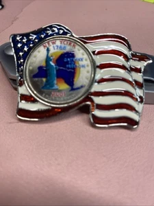 American Flag Lapel Pin - 2001 NEW YORK Colorized State Quarter - Pledge on Back - Picture 1 of 2