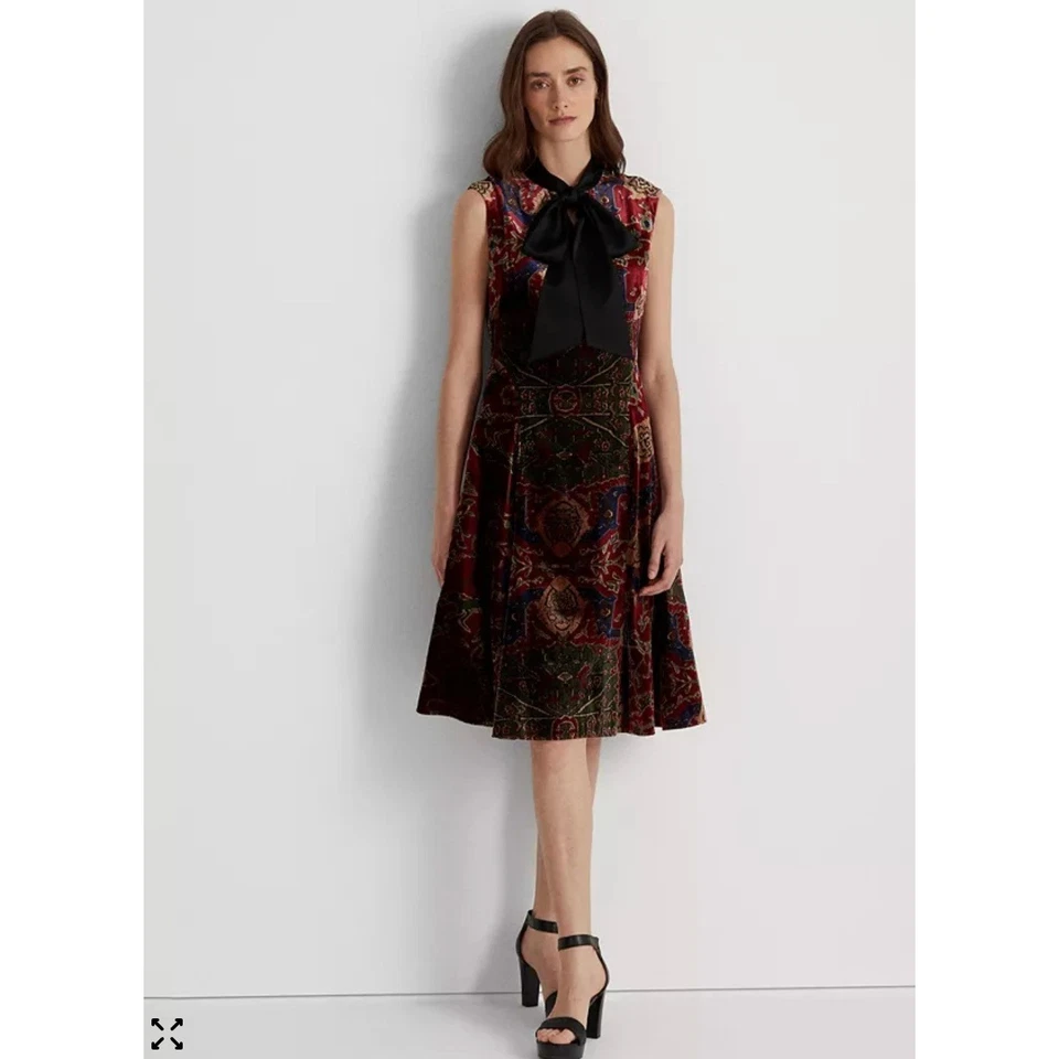 Vestido LAUREN Ralph Lauren Terciopelo Floral Sin Mangas Mujer 0 Estampado Corbata Cuello Foto 1 de 4