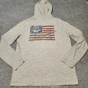 Polo Ralph Lauren Shirt Large Grey Cotton Pullover Hoodie American Flag Graphic - Picture 1 of 14