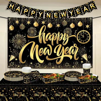 , Juego de platos y servilletas de Nochevieja - Servir a 25 invitados | Banner de Feliz Año Nuevo  Foto 1 de 4