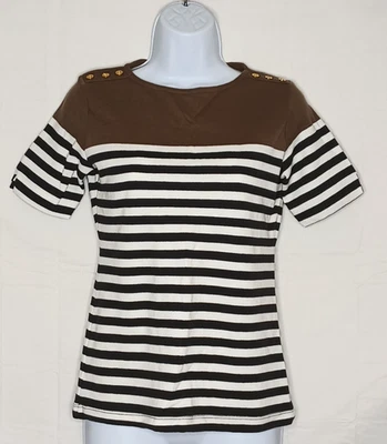 Karen Scott (PP) Pull-over Boatneck Brown & Black Striped Short Sleeve Top - Image 1 of 4