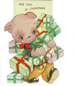 Cute Little Puppy Dog With Armful Of  Xmas Gifts Vintage Flocked Christmas Card! - Picture 1 of 3