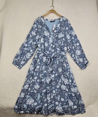 Lane Bryant Dress Women's 24 Blue Floral Fit & Flare Midi V Neck Elastic Waist - Image 1 of 4