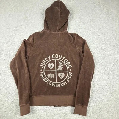 Juicy Couture Hoodie Womens Large Brown Velour Terry Full Zip Graphic USA READ - Image 1 of 4