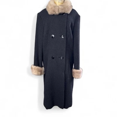Abrigo de Vestido Vintage Talla M/L Lana Visón Cuello Piel Negro Lujo Glamour Jackie O Foto 1 de 4