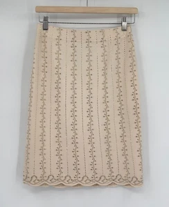 St. John Evening Ivory Gold Vine Rhinestone Pailette Knee Length Skirt Sz 2 - Foto 1 di 3
