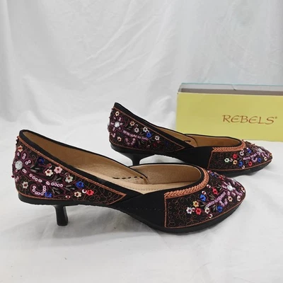 Vintage Rebels Tamanho 9 Lantejoulas de Seda Preta Frisada Bordada Salto Gatinho Floral - Imagem 1 de 4