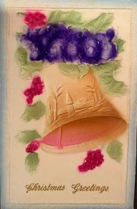 Colorful Christmas Greetings Xmas Bell Holly Berry Heavy Embossed Postcard - Picture 1 of 2