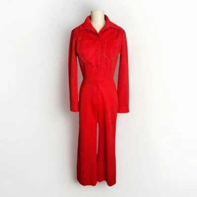 Vintage 1970s Strait Lane Red Polka Dot Western Jumpsuit With Scarf Size Small - Image 1 of 4