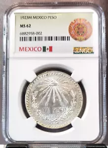 1923 MEXICO SILVER 1 PESO NGC MS 62 SCARCE BRIGHT LUSTER NICE COIN - Picture 1 of 3