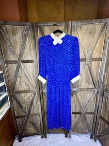 Vintage Blue Dress Polka Dots Peter Pan Collar Whimsical Rare Find - Picture 1 of 19