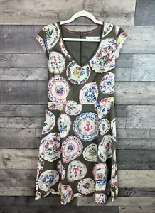 Boden Kiera Plate Print Dress Size UK 10 L Long Khaki Funky Quirky Vintage Tea - Bild 1 von 10