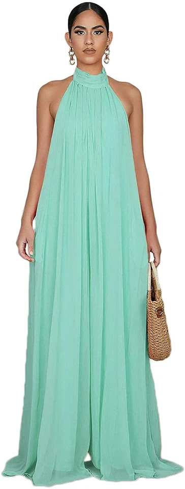 Women's Elegant Loose Fit Chiffon Halter Neck Backless Wide Leg Jumpsuits - Image 1 of 1