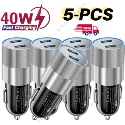 5-Pack Car Charger 40W Dual PD USB-C Fast Adapter For iPhone 15 14 13 12 Pro Max - Image 1 of 4