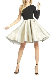 Ieena for Mac Duggal 48929 OneShoulder LongSleeve Cocktail Dress Sz 12 BlackGold - Picture 1 of 2
