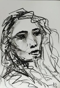 Expressionist Portrait Oil Pastel Drawing 12X8" MINIMALISM VIVEK MANDALIA Signed - Picture 1 of 2