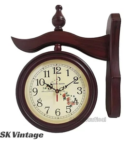 Double Sided Brown wooden Wall Clock Antique Style station Christmas Decor Gift - Picture 1 of 5