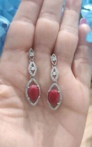Natural Oval Cut Cherry Ruby Dangle Earrings, Rhodium/Silver