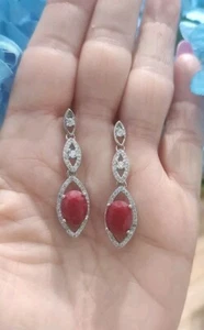 Natural Oval Cut Cherry Ruby Dangle Earrings, Rhodium/Silver - Picture 1 of 12