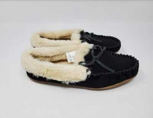 NEW WOMEN'S 7 J CREW LODGE MOCCASINS SLIP ON SLIPPERS IN BLACK - Picture 1 of 6