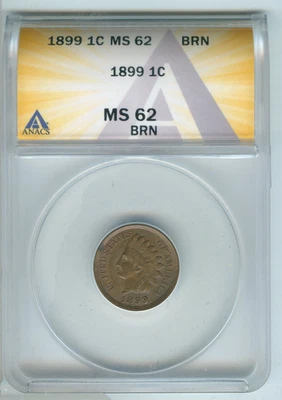 1899 Indian Head Cent ANACS MS62 BRN Certified Coin- RK116 - Image 1 of 2