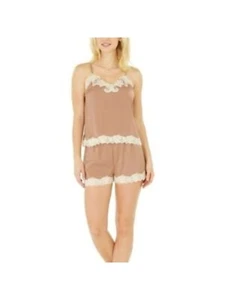 INC Womens Brown Lace Trim Spaghetti Strap Cami Top and Shorts Pajamas XS - Picture 1 of 6