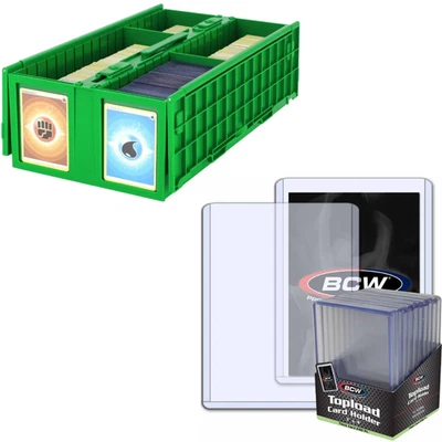 BCW 1600 Card Bin (Green) + 80 (240pt) Thick Card Toploaders Storage - Image 1 of 4