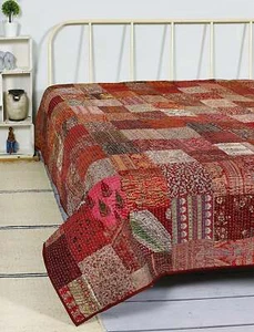 Silk Patchwork Handmade Kantha Quilt Reversible Bedspread Indian Bedcover 90x60" - Picture 1 of 3