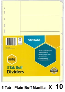 Marbig 37750 Reinforced Strip 5 Tab Buff Manilla Dividers Plain Blank Tabs x 10 - Picture 1 of 2