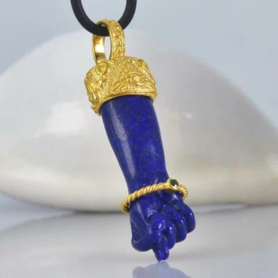 Gold Vermeil Sterling Mano Fico Figa Anhänger Geschnitzter Lapislazuli Smaragd - Bild 1 von 4
