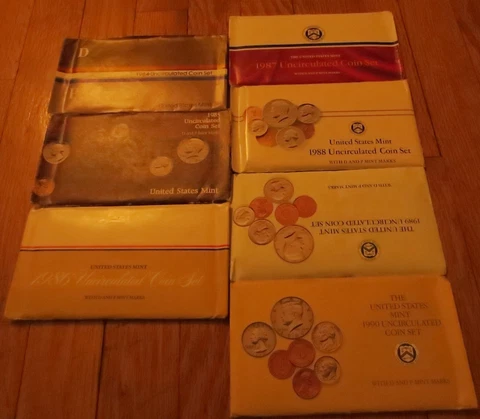 1984 1985 1986 1987 1988 1989 1990 U.S. Mint 7 Mint Sets P & D Mint with COA Cover