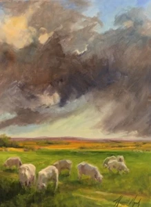 Schafweide Oklahoma Prärie Farm große Wolken Ölgemälde Margaret Aycock Verkauf - Bild 1 von 9