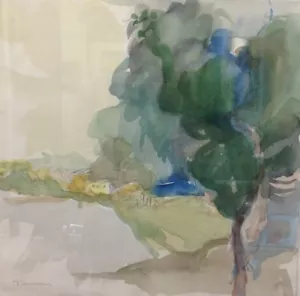 ITZCHAK TARKAY ORIGINAL WATERCOLOR LANDSCAPE 15"x15" - Picture 1 of 3